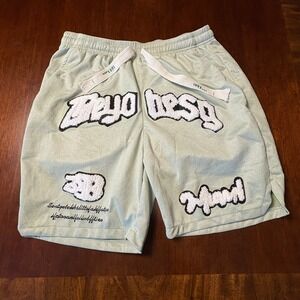 SHEIN Graffiti Sherpa Patch Athletic Shorts Men's Medium Mint Green